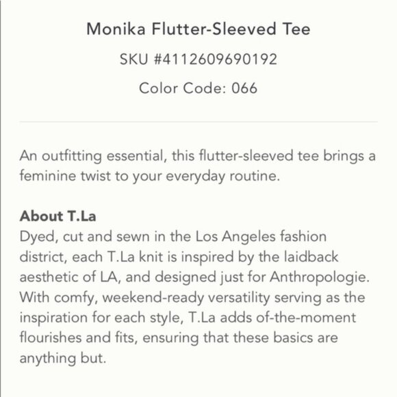 NWOT Anthropologie T.La Monika Flutter Sleeve Tee Size Small - Picture 8 of 8